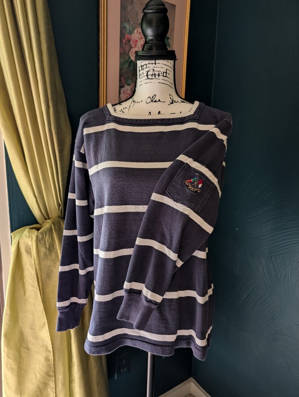 VTG Ralph Lauren Cross Flags Sweatshirt Womens M Boatneck Stripe Sleeve Pocket